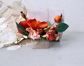 Burnt Orange Flower Hair Comb, Autumn Hair Comb, Fall Wedding Hair, One of a Kind Handmade Hair Comb, Rustic Bridal Hair Accessories