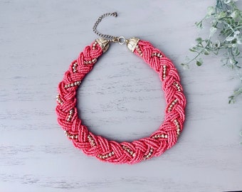 Pink Vintage Necklace, Coral Pink + Gold Seed Bead Statement Necklace, Braided Bead Necklace, Colorful Pink and Gold Beaded Bib Necklace