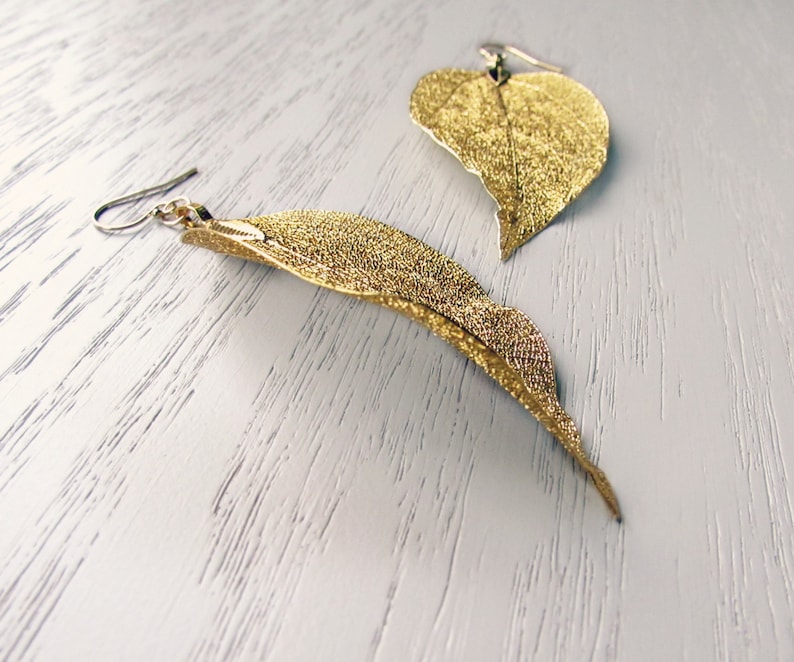 Gold Leaf Earrings, Real Leaf Dangle Earrings, 14kt Gold Earwires, Delicate Gold Earrings, Ethereal Wedding Earrings, Bridal Gold Dipped image 3