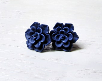 Navy Succulent Stud Earrings, 13mm Matte Flower Succulent Earrings, Hypoallergenic Posts, Navy Blue Bridesmaid Earrings, Dark Blue Wedding