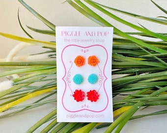 Flower Earring Stud Set, Flower Stud Earrings, Orange Rose Earrings, Aqua Dahlia Studs, Red Lotus Earrings, Hypoallergenic Surgical Steel