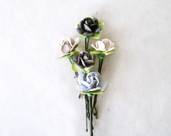 Paper Flower Hair Pins in Neutral Shades of Grey. Handmade Floral Rose Hair Accessories. Wire Wrapped Monochromatic Paperie Bobby Pins