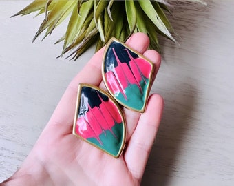 1980s Painted Abstract Earrings, Pink Teal Black and Gold Unique Colorful Paint Splatter Earrings, 80s Drip Enamel Pierced Statement Earring