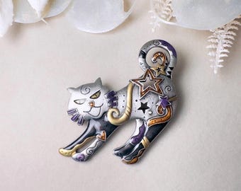 JadeAngel Crescent Moon Cat Brooch - Artificial Amethyst & Cubic Zirconia, Brass Pin For Women - View #5