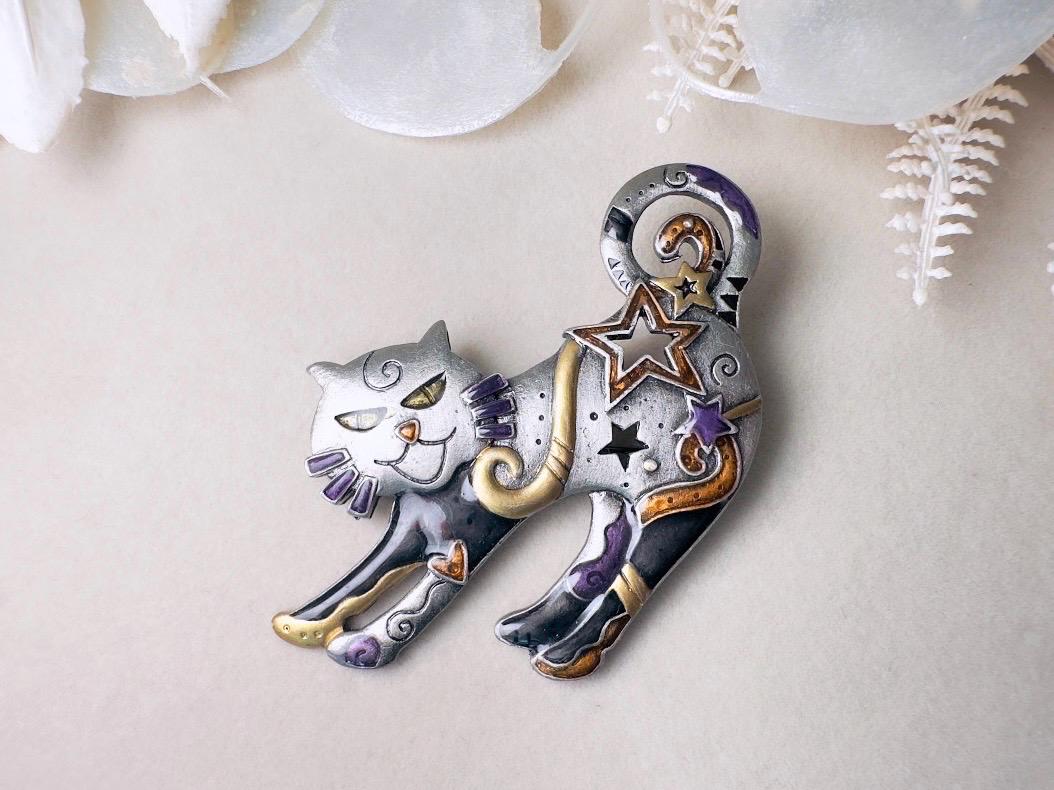 Vintage Celestial Cat Brooch, 90s Pewter Pin With Purple, Black