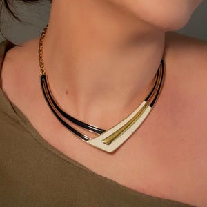 Vintage Monet Necklace, Navy Cream Enamel Crescent Pendant Choker Necklace, Monet Designer Vintage Estate Necklace, Modernist Jewelry Gifts