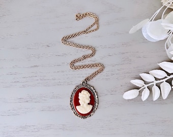 Vintage Cameo Necklace, Antique Gold Victorian Necklace, Large Red and Cream Raised Cameo Statement Necklace, Victorian Revival Cameo