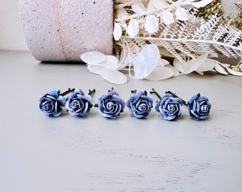 Dark Grey Rose Hair Pin Set, 6 Handmade Paper Flower Bobby Pins in Beautiful Deep Gray, Timeless Bridal Hair Accessories for Floral Wedding
