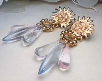 Celestial Sun Earrings, Vintage Whimsigoth Gold Charm Earrings with Pink Blue and Clear Teardrops