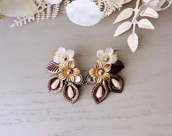 Extraordinary Vintage 1960's Pearl Flower Earrings, Huge Gold Bronze Pearl Leaf Climber Clip On Earrings, Big Floral Statement Earrings