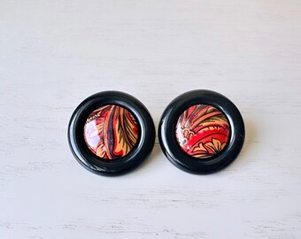 1980s Vintage Earrings, Black Border with Red Orange Interior, Oversized Acrylic Pierced Earrings, Fun 80s Pop Vintage Earrings