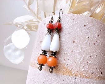 Long White Earrings with Carnelian and Agate, White Teardrop Earrings, Antique Bronze Victorian Revival Bronze Drop Earrings, Handmade OOAK