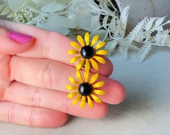 Vintage Sunflower Earrings, Floral 60s Yellow Enamel Clip On Earrings