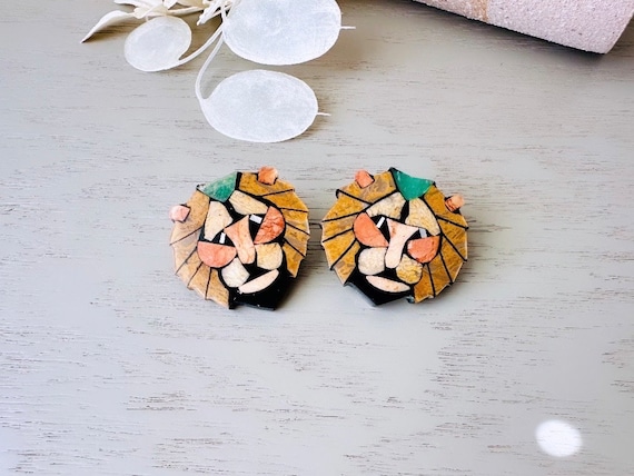 Lee Sands Lion Earrings, Shell and Stone Mosaic L… - image 1