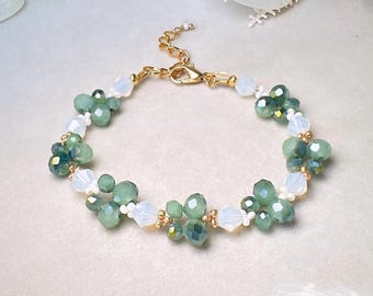 Beaded Butterfly Bracelet, Whimsical Handmade Crystal Bracelet in Opal, Iridescent Green, Pearl and Gold
