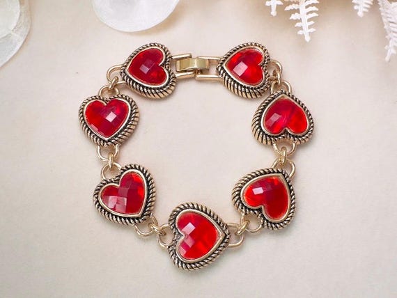 Red Heart Bracelet, Vintage Napier Red Lucite Charm Bracelet, Gold