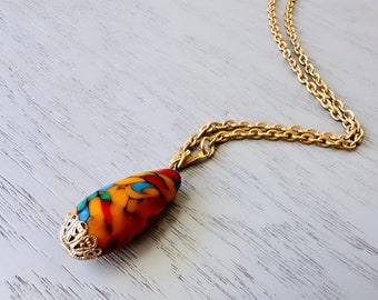 Colorful Vintage Teardrop Drop Pendant Necklace, 18" Gold Necklace, Layering Necklace, Orange and Blue Mottled Mosaic Charm Necklace