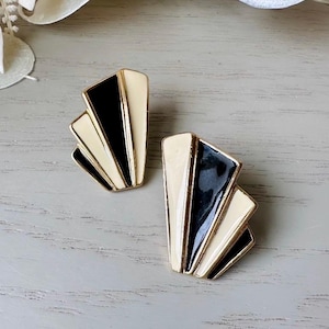 Vintage Art Deco Earrings, Trifari 1980s Black and Cream Abstract Earring, Elegant Trifari Designer Pierced Post Earrings in Timeless Colors