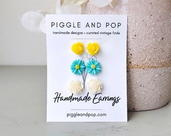 Mint + Yellow Flower Stud Earring Set, Floral Post Earrings, Mint Gerber Daisy Earrings, Yellow Rose Earrings, Hypoallergenic Posts + Backs