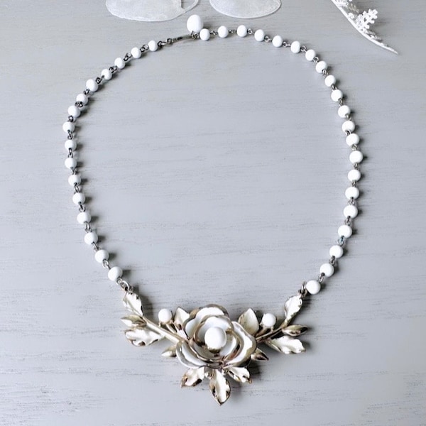 1950s White Flower Vintage Coro Necklace, Cream Enamel White Beads Gold Tone Floral Necklace 15" Flower Choker, Whimsical Bridal Necklace