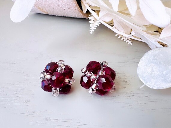 Red Vintage Marvella Beaded Cluster Earrings, Fac… - image 3