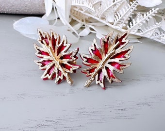 Red and Gold Leaf Earrings, Unique Vintage Earrings, Red Vintage Enamel Leaf Earrings, 1960s VTG Clip On Earrings, Gorgeous One of a Kind