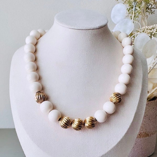 Vintage Monet Choker, Bisque White Round Beaded Necklace with Textured Gold Accent Beads, Classic Cream & Gold Signed Vintage Bead Necklace