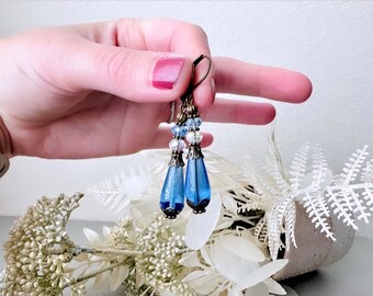 Sapphire Teardrop Earrings, Light Blue Earrings, Downton Abbey Insired Jewelry, Beaded Victorian Earrings, Beautiful Handmade Earrings