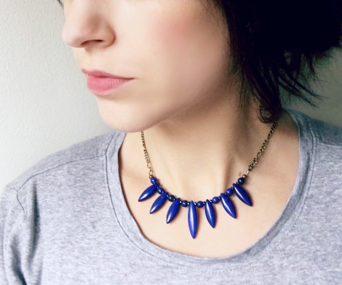 Blue Gemstone Necklace Stone Bib Necklace Boho Fan Necklace Etsy