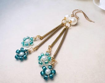 Beaded Flower Earrings with Pearls, Handmade Aqua and Teal Wire Wrapped Drop Earrings