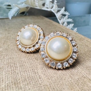 Vintage Pearl Earrings and Rhinestone Earrings, Gorgeous Old Hollywood Clip On Earrings, Classic 80s Vintage Women&#39;s Jewelry Gifts