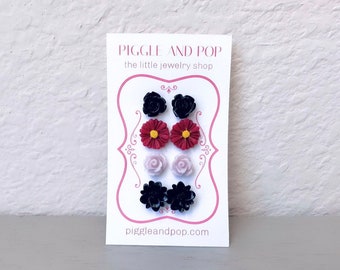 Flower Stud Earrings Gift Set in Black, Maroon and Sweet Lilac, Cute Floral Post Earring Set of 4 Pairs Hypoallergenic Resin Flower Earrings