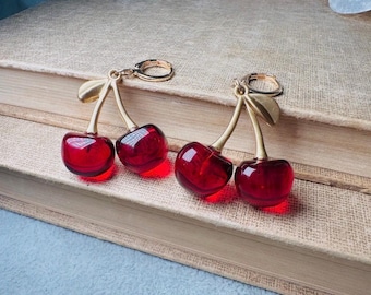 Red Cherry Earrings, Hand Painted Gold Cherry Stem Earrings with Glowing Cherries, 18K Gold Huggie Earrings, Whimsical Cute Summer Jewelry