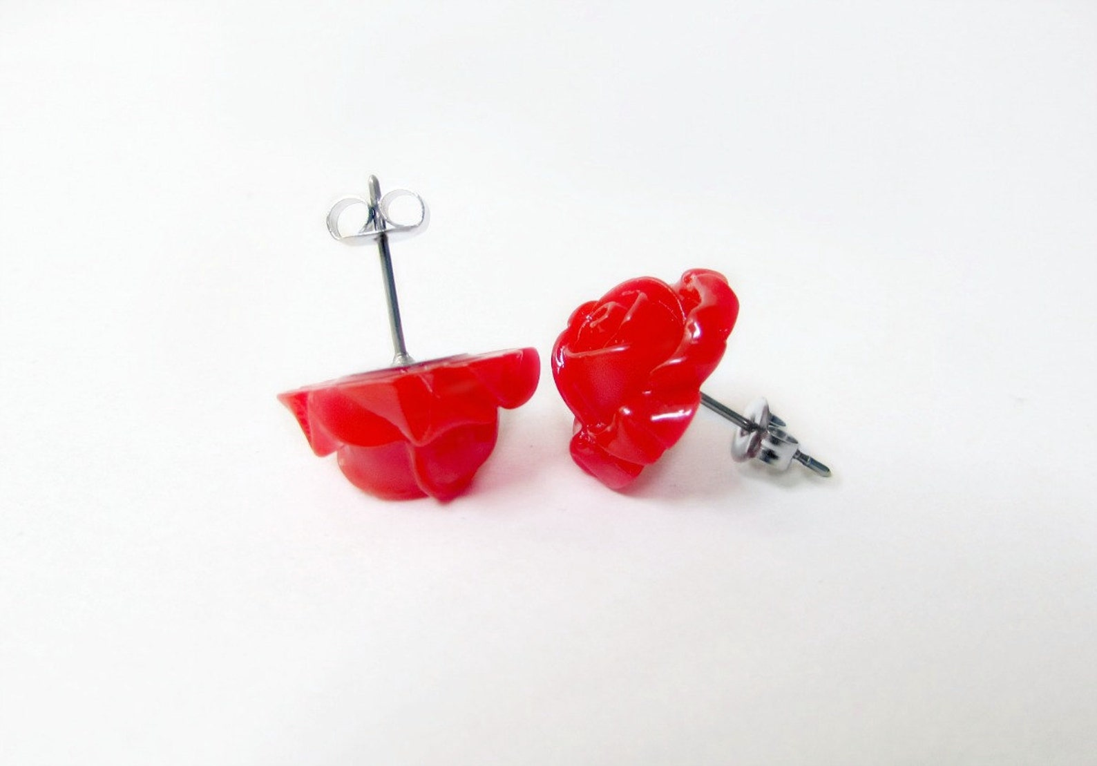 Red Rose Earrings Rose Stud Earring Big Flower Earrings Red Etsy