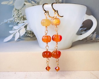 Handmade Pumpkin Earrings, Cascading Ombre Carnelian Gemstone Earrings with 18k Gold Huggie Earwires