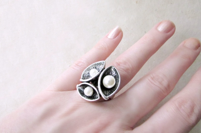Silver Flower Ring Large Cocktail Ring Adjustable Band Oxidized Silver Statement Ring White Pearl Ring Etched Petals Calla Lily Ring