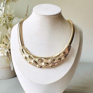 Gold Omega Necklace, Vintage Park Lane Choker Necklace, Gold Snake Chain Collar Necklace, Geometric Crescent Bar, 1980s Designer Vintage