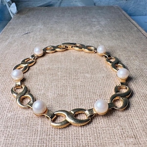 Vintage Pearl Bracelet, Marvella Gold Infinity Bracelet, 7.5&quot; Classic Gold Designer Vintage Bracelet, Timeless Jewelry Gifts for Her