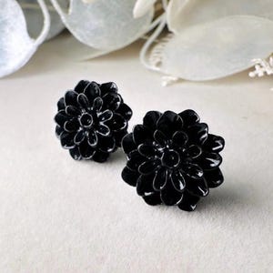 Black Flower Stud Earrings, Hypoallergenic Surgical Steel Resin Stud Earrings, Handmade Cute Black Dahlia Flower Earrings, Big Black Earring