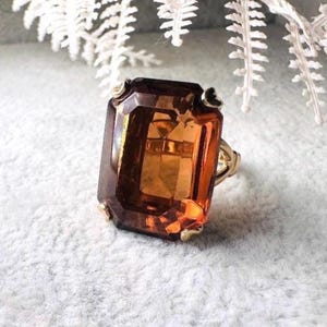 Vintage Topaz Ring, 1970s Emerald Cut Cocktail Ring, Large 70s Solitaire Rectangle Gem Ring, Glowing Amber 1978 November Birthstone Jewelry