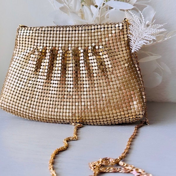 Vintage Gold Purse, Gold Mesh Evening Bag by Warren Reed with Chain Shoulder Strap, Classic Old Money Clutch Bag w Pleated Front Detailing