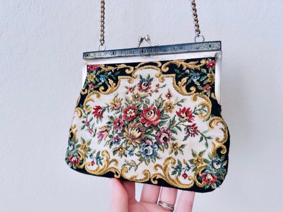 Vintage Black Floral Tapestry Purse with Gold Cha… - image 3