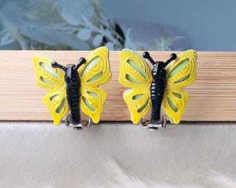 Yellow Butterfly Earrings, Whimsical 70s Vintage Enamel Clip On Earrings