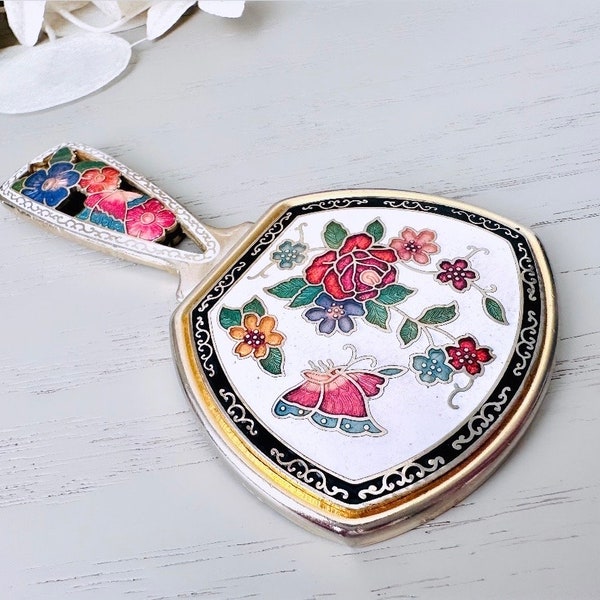 Vintage Cloissone Folding Flip Mirror, Whimsical White Gold Vintage 1970s Floral Hummingbird Pocket Mirror, Pretty Flower Mini Makeup Mirror