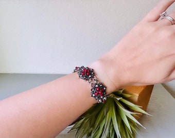 Vintage Flower Link Bracelet, Deep Burgundy Red and Pale Pink Rhinestones, Silver Tone Bracelet