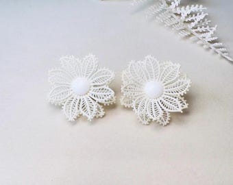 1950s White Flower Earrings, Western Germany True Vintage Molded Celluloid Floral Clip Ons