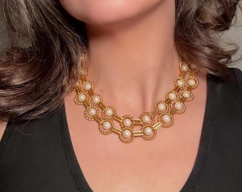 Vintage Pearl Collar Necklace with Rope Border Links, Geometric Double Strand Gold Chain Statement Necklace