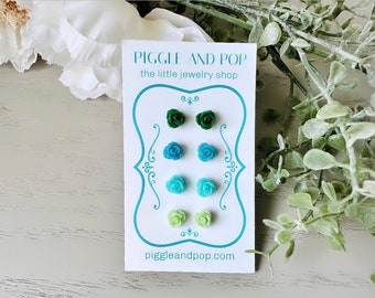 Tiny Rose Earrings, Green Flower Stud Earrings Set, Small Rose Studs Resin Earrings, Emerald Mint Teal and Melon Floral Earring Studs Set