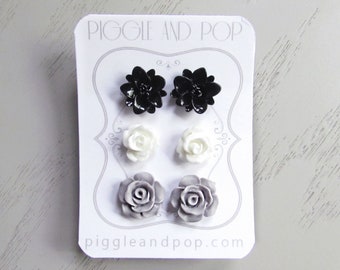 Flower Stud Earrings Set, Black White Grey Earrings, Small Resin Flower Earrings, Monochrome Post Earrings, Black and White Earring Stud Set