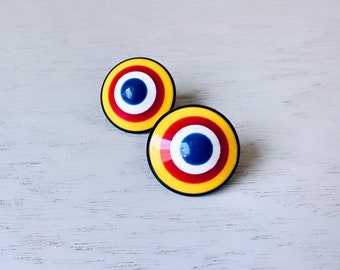 Colorful Vintage 1960s Bullseye Earrings, Yellow, Blue, Red, White, Black Oversized Acrylic Pierced Earrings, Fun 60s Pop Vintage Earrings